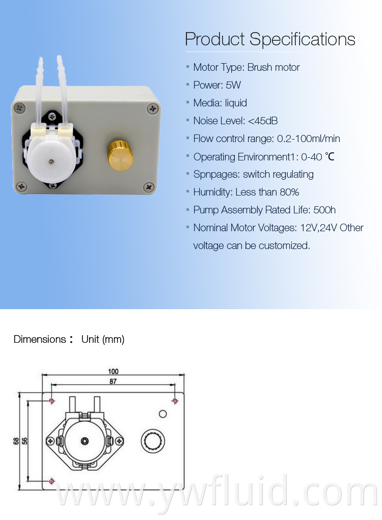 YWfluid Ajustable Flow rate 0~100ml/min Multipurpose Micro Dosing Peristaltic pump with Stepper motor used for lab equipment